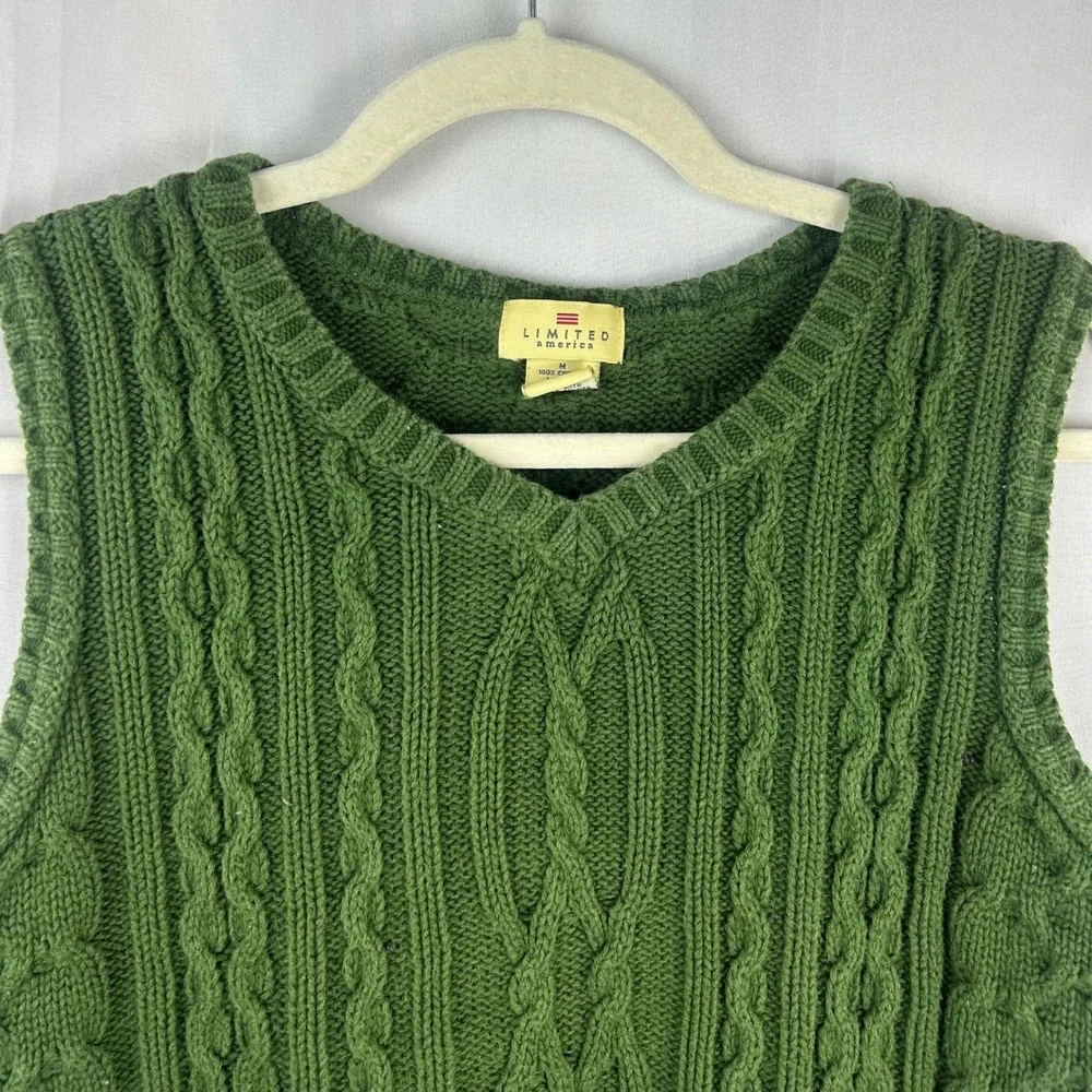The Limited America Green Cable Knit V Neck Sweater Vest Crop Medium Vintage 90s